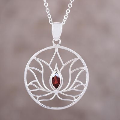 Alternate image for Garnet Sterling Silver Lotus Flower Pendant Necklace Lotus Heart