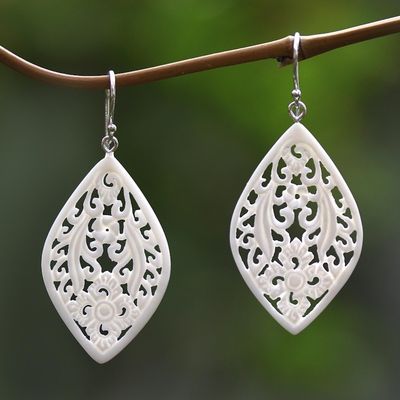 Alternate image for Hand-Carved Floral Bone Dangle Earrings from Bali Bali Windows