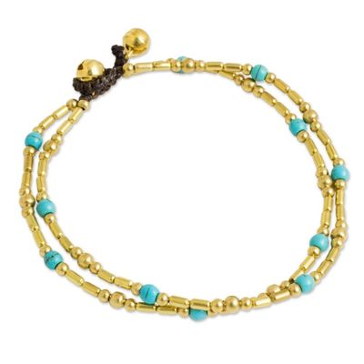 Alternate image for Thailand Blue Calcite Double Strand Brass Bead Anklet Golden Bell
