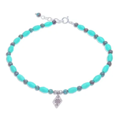 Alternate image for Blue Howlite and Jasper Beaded Anklet with Silver Charm Triangular Bloom in Blue