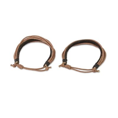 Alternate image for Pair of Mens Leather Cord Wristband Bracelets from Thailand Bold Espresso Contrast