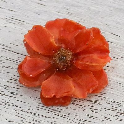 Alternate image for Natural Cosmos Flower Brooch in Pumpkin from Thailand Blooming Cosmos in Pumpkin