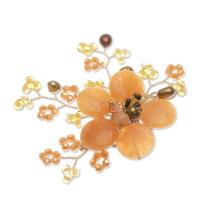Alternate image for Flower-Shaped Orange Cultured Pearl and Quartz Brooch Pin Petals of Optimism