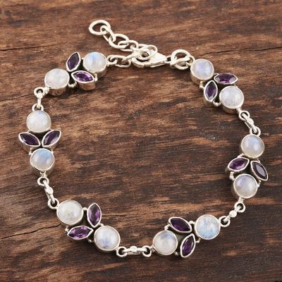 Alternate image for Rainbow Moonstone and Amethyst Sterling Silver Link Bracelet Misty Morning
