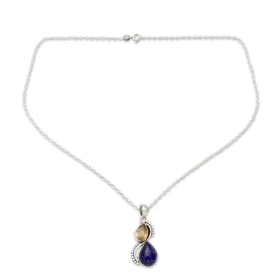 Alternate image for India Silver and Lapis Lazuli Necklace with Faceted Citrine Two Teardrops