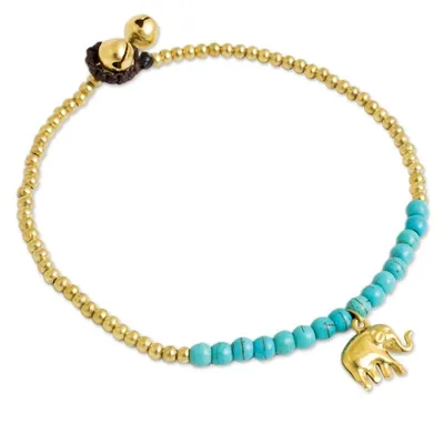 Alternate image for Blue Calcite Elephant Charm Beaded Brass Anklet Stylish Elephant