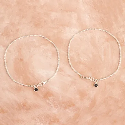 Alternate image for Pair of Sterling Silver Onyx Anklets from India Courage Orbs