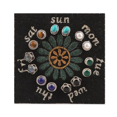 Alternate image for Gemstone Stud Earrings from India Set of 7 Everyday Pairs