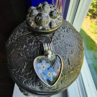 Alternate image for Pressed Flower Jewelry, Forget-Me-Not Heart Pendant, Quality Glass Necklace for Women