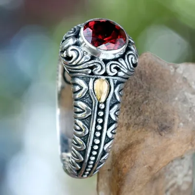 Alternate image for Garnet and Gold Accented Silver Cocktail Ring Crimson Treasure