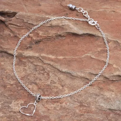 Alternate image for Thai Handmade Sterling Silver and Hematite Charm Anklet Your Love