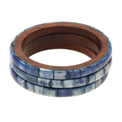 Alternate image for Blue Bone and Mango Wood Bangle Bracelets Set of 3 Blue Saga