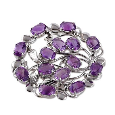 Alternate image for Vine-Themed Rhodium-Plated 14-Carat Oval Amethyst Brooch Pin Immaculate Purple
