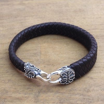 Alternate image for Mens Leather and Sterling Silver Bracelet in Brown Bun Claw in Brown