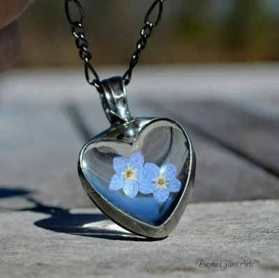 Alternate image for Pressed Flower Jewelry, Forget-Me-Not Heart Pendant, Quality Glass Necklace for Women