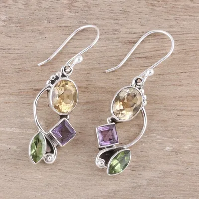 Alternate image for Citrine Amethyst Peridot and Sterling Silver Dangle Earrings Sun with Violets