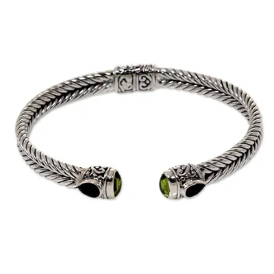 Alternate image for Braided Sterling Silver Cuff with Peridot and Garnet Gems Flower Buds