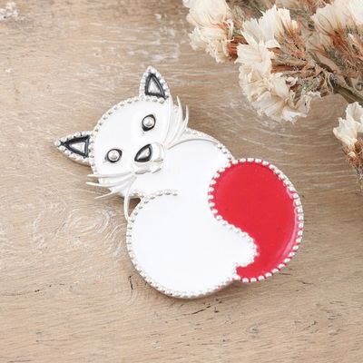 Alternate image for Red Cat-Themed Sterling Silver Brooch Pin from India Fancy Cat
