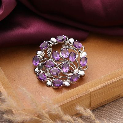 Alternate image for Vine-Themed Rhodium-Plated 14-Carat Oval Amethyst Brooch Pin Immaculate Purple