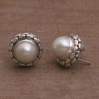 Alternate image for Cultured Pearl and Sterling Silver Button Earrings from Bali Temple Domes