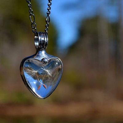 Alternate image for Dandelion Seed Heart Pendant Necklace for Women, Stained Glass Terrarium Jewelry