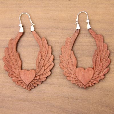 Alternate image for Artisan Crafted Balinese Wood and Silver Hoop Earrings Angel Heart